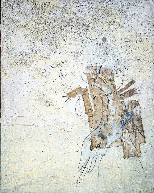 Rancillac. Rétrospective : Bernard Rancillac. Fantomas saute dans le vide, 1962, huile, faserit sur toile, collage de drap, 162 x 130 cm, coll. de l’artiste, Paris